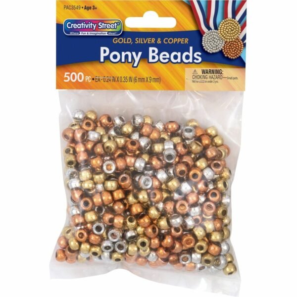 Pacon® Pony Beads Pony Bead - Assorted, Gold, Copper, Silver (3549)