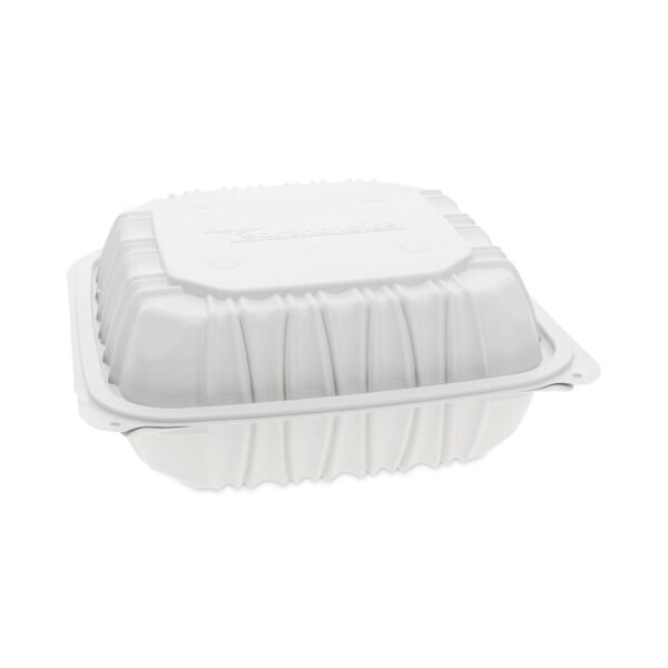 Pactiv EarthChoice Vented Microwavable MFPP Hinged Lid Container, 8.5 x 8.5 x 3.1, White, Plastic, 146/Carton (YCNW0851)