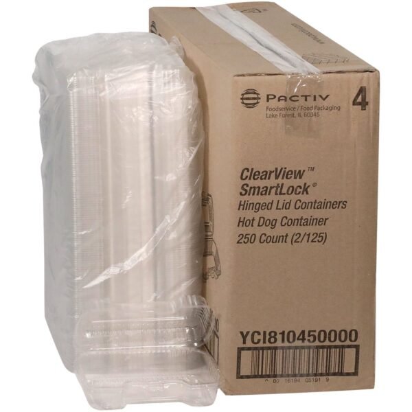 Pactiv Hinged Lid Hot Dog Container, 6.5 x 2.25 x 2.75, Clear, Plastic, 250/Carton (YCI810450000)