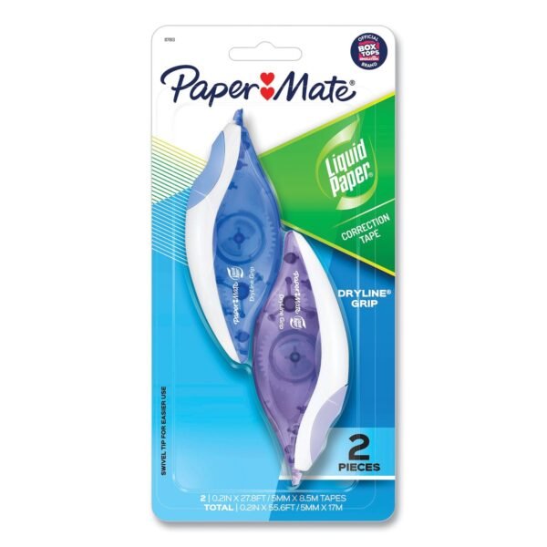 Paper Mate DryLine Grip Correction Tape, Blue/Purple Applicators, 0.2" x 335", 2/Pack (87813)