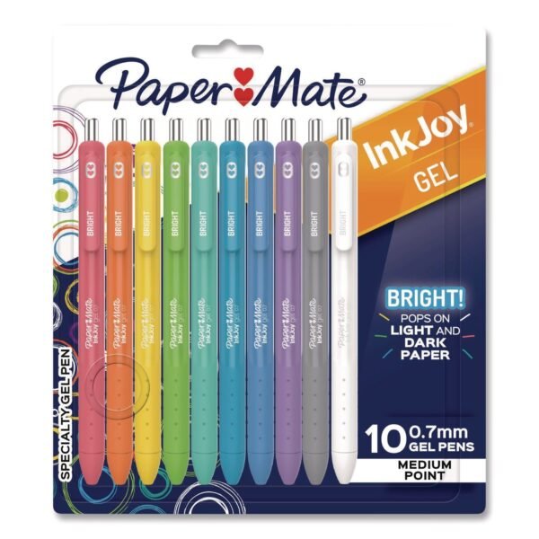 Paper Mate InkJoy Gel Bright Gel Pen, Retractable, Medium 0.7 mm, Assorted Ink, Assorted Barrel, 10/Pack (2173764)