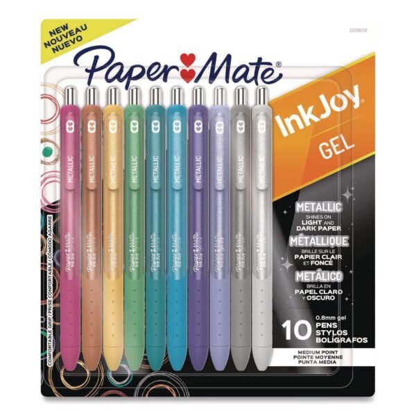Paper Mate InkJoy Metallic Gel Pen, Retractable, Medium 0.8 mm, Assorted Ink, Assorted Barrel, 10/Pack (2208638)