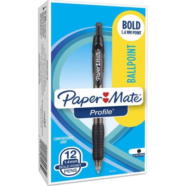 Paper Mate Retractable Profile Ballpoint Pens 1.4 mm Bold Pen Point - Retractable - Black Ink - Gel-based - Translucent Black Barrel - 1 Dozen (89465A)