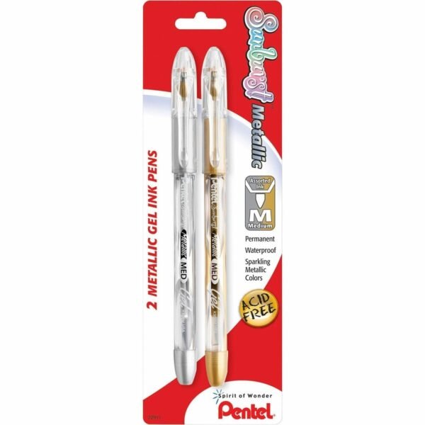 Pentel Arts Pentel Sunburst Metallic Color Permanent Gel Pens 0.8 mm Medium Pen Point - Refillable - Gold, Silver Ink - Gel-based - 2 / Pack (K908MBP2XZ)