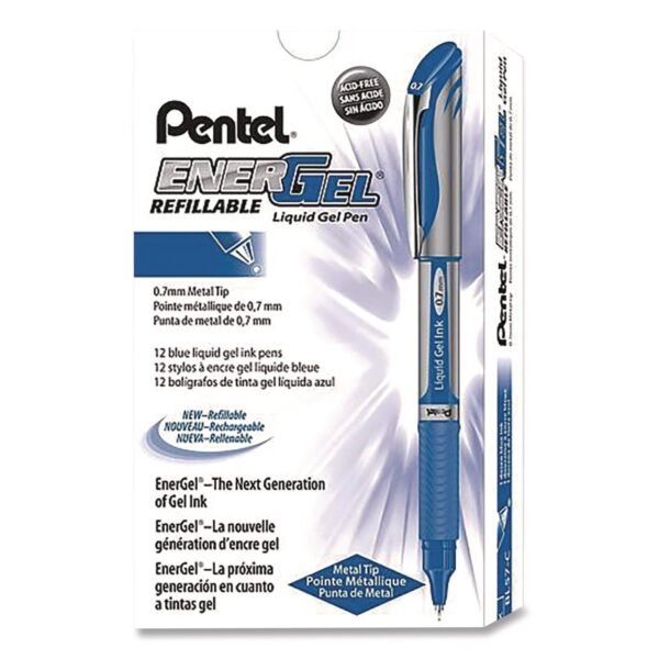 Pentel EnerGel Deluxe Gel Pen, Stick, Medium 0.7 mm, Blue Ink, Silver/Blue Barrel, Dozen (BL57CDZ)