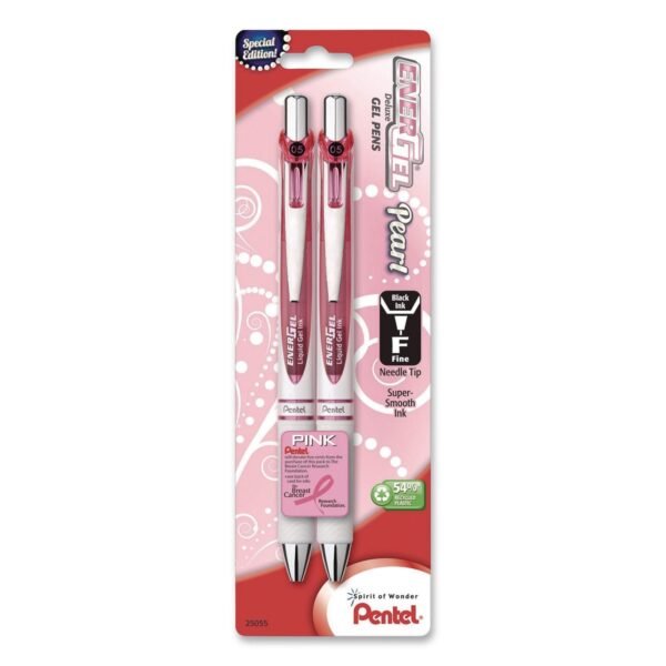 Pentel EnerGel Pearl Deluxe Pink Special Edition Liquid Gel Pen, Retractable, Fine 0.5mm, Black Ink, White Pearl/Pink Barrel, 2/Pack (BLN75WBP2PA)