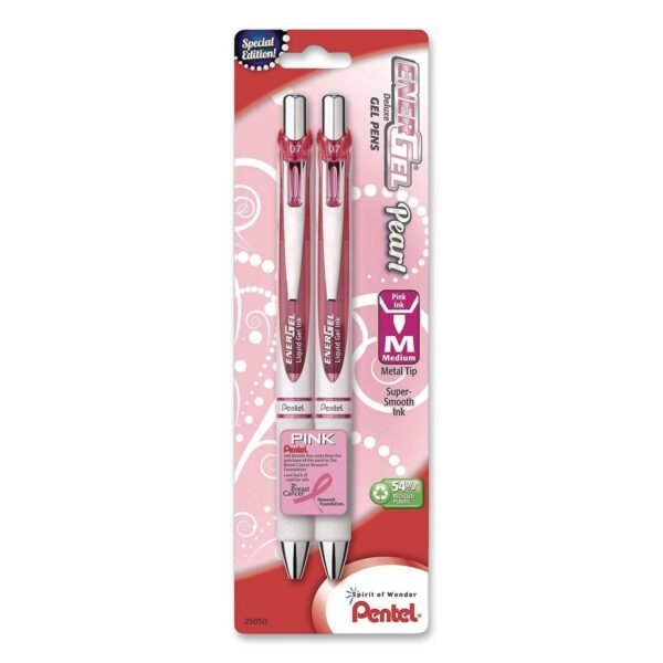 Pentel EnerGel Pearl Deluxe Pink Special Edition Liquid Gel Pen, Retractable, Medium 0.7 mm, Pink Ink, White Pearl/Pink Barrel, 2/PK (BL77WBP2PP)