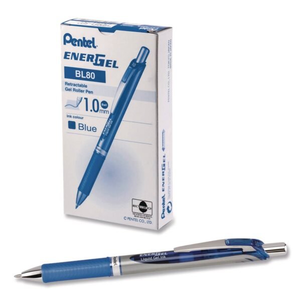 Pentel EnerGel RTX Gel Pen, Retractable, Bold 1 mm, Blue Ink, Blue/Gray Barrel, Dozen (BL80CDZ)