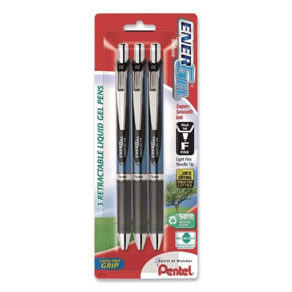 Pentel EnerGel RTX Gel Pen, Retractable, Fine 0.5 mm, Black Ink, Black/Blue Barrel, 3/Pack (BLN75BP3A)