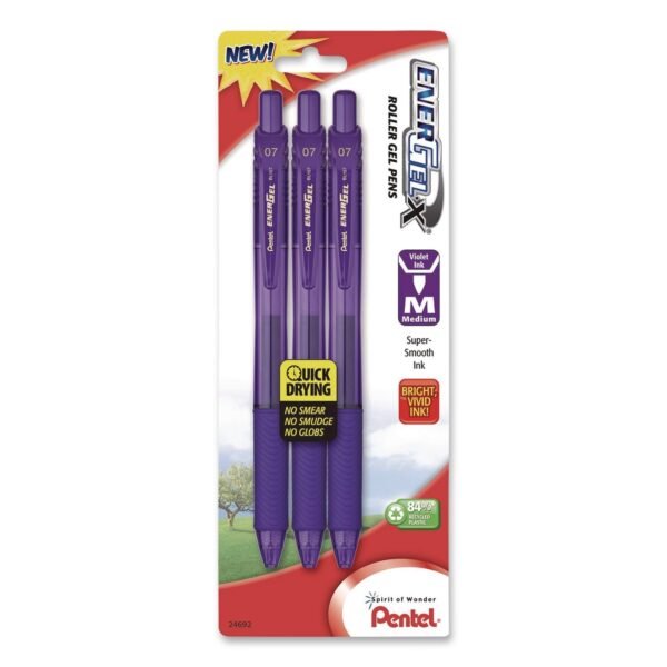 Pentel EnerGel-X Gel Pen, Retractable, Medium 0.7 mm, Violet Ink, Translucent Violet/Violet Barrel, 3/Pack (BL107BP3V)