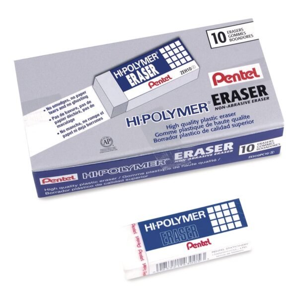Pentel Hi-Polymer Eraser, For Pencil Marks, Rectangular Block, White, 10/Box (ZEH10PC10)