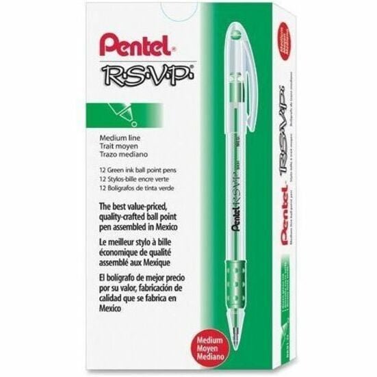 Pentel R.S.V.P. Ballpoint Stick Pens 1 mm Medium Pen Point - Refillable - Green Ink - Clear Barrel - Stainless Steel Tip - 1 Each (BK91D)