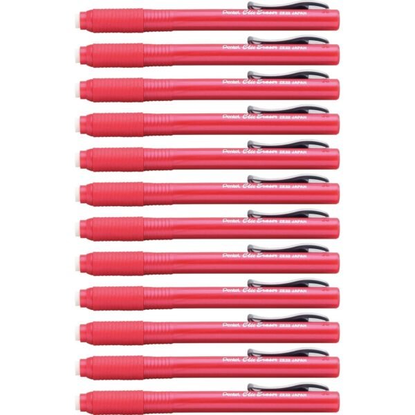 Pentel Rubber Grip Clic Eraser Red Barrel - Pen - Refillable - 12 / Box - Retractable, Latex-free Grip, Pocket Clip, Ghost Resistant, Non-abrasive (ZE22BBX)