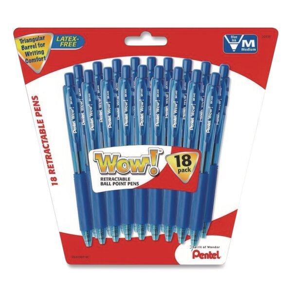 Pentel WOW! Ballpoint Pen, Retractable, Medium 0.7 mm, Blue Ink, Translucent Blue/Blue Barrel, 18/Pack (BK440BP18CPK)