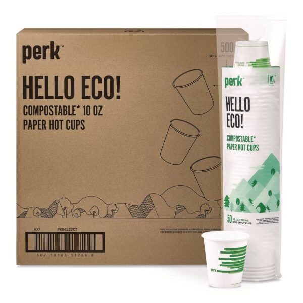 Perk Eco-ID Compostable Paper Hot Cups, 10 oz, White/Green, 500/Carton (PK56223CT)