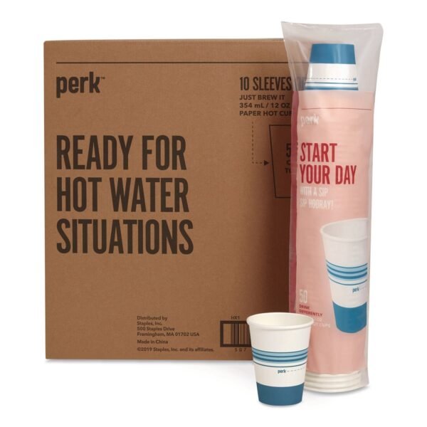 Perk Paper Hot Cups, 12 oz, White/Blue, 500/Carton (PK54367CT)