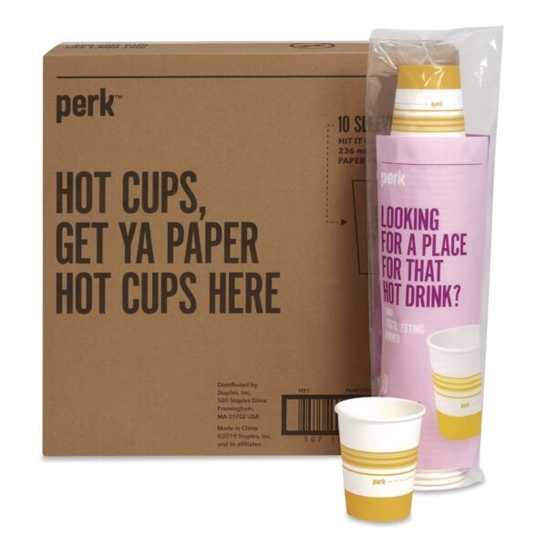Perk Paper Hot Cups, 8 oz, White/Yellow, 500/Carton (PK45592CT)