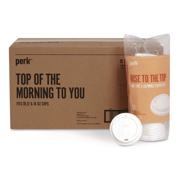 Perk Plastic Hot Cup Lids, Fits 10 oz to 16 oz Hot Cups, White, 500/Carton (PK54369CT)