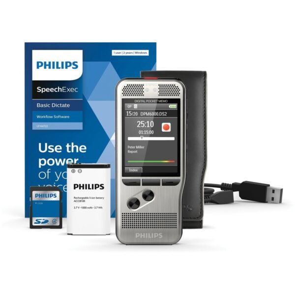 Philips Pocket Memo Voice Recorder (DPM6000) Omni-directional Microphone - microSD, microSDHC Supported - DSS, MP3, WAV - Standard Play, Quality Play - USB - Headphone -...