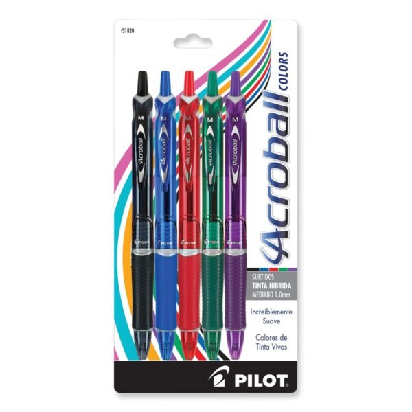Pilot Acroball Colors Advanced Ink Hybrid Gel Pen, Retractable, Medium 1 mm, Assorted Ink and Barrel Colors, 5/Pack (31820)
