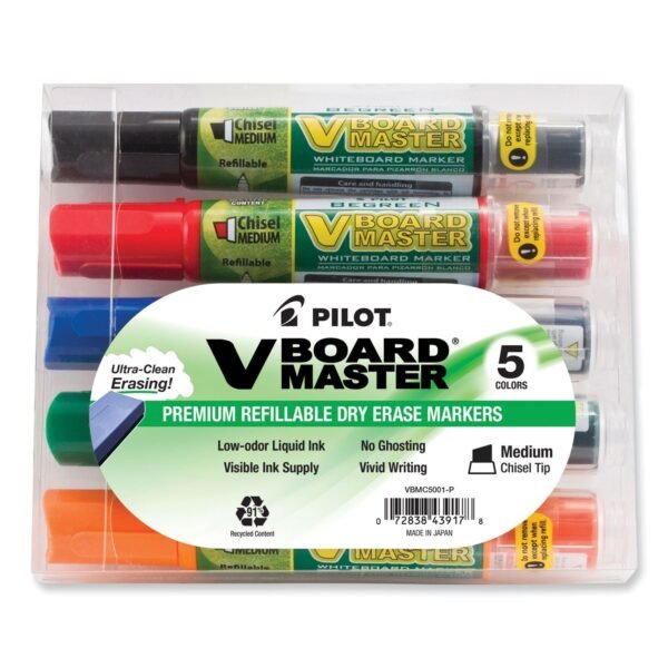 Pilot BeGreen V Board Master Dry Erase Marker, Medium Chisel Tip, Assorted Colors, 5/Pack (43917)