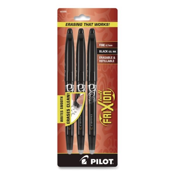 Pilot FriXion Ball Erasable Gel Pen, Stick, Fine 0.7 mm, Black Ink, Black Barrel, 3/Pack (31556)