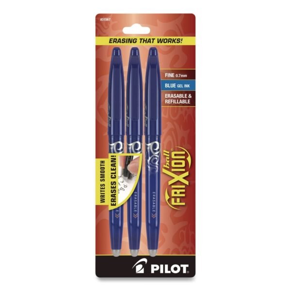 Pilot FriXion Ball Erasable Gel Pen, Stick, Fine 0.7 mm, Blue Ink, Blue Barrel, 3/Pack (31567)
