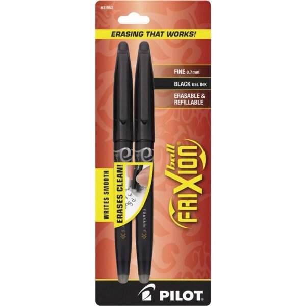 Pilot FriXion Ball Erasable Gel Pens 0.7 mm Fine Pen Point - Erasable - Black Ink - Gel-based - Black Barrel - 2 / Pack (31553)