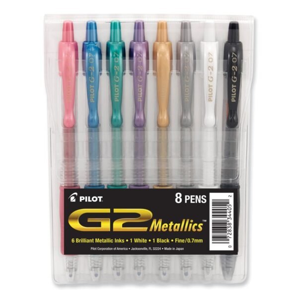 Pilot G2 Metallics Gel Pen, Retractable, Fine 0.7 mm, Assorted Ink and Barrel Colors, 8/Pack (34405)