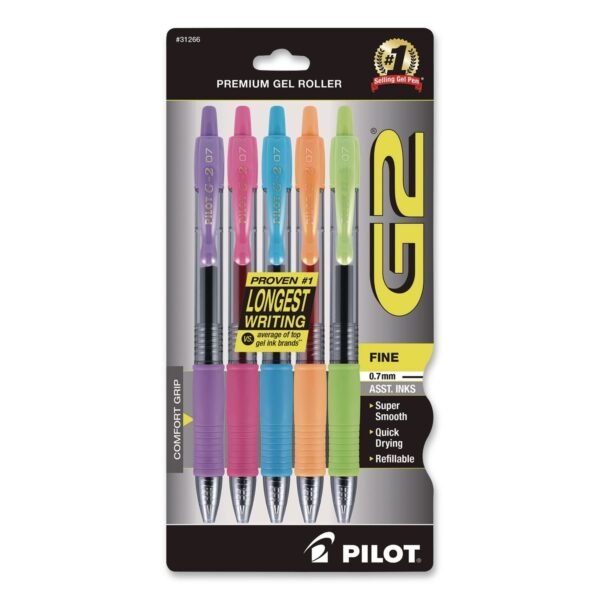 Pilot G2 Premium Gel Ink Pen, Retractable, Fine 0.7 mm, Assorted Ink and Barrel Colors, 5/Pack (31266)