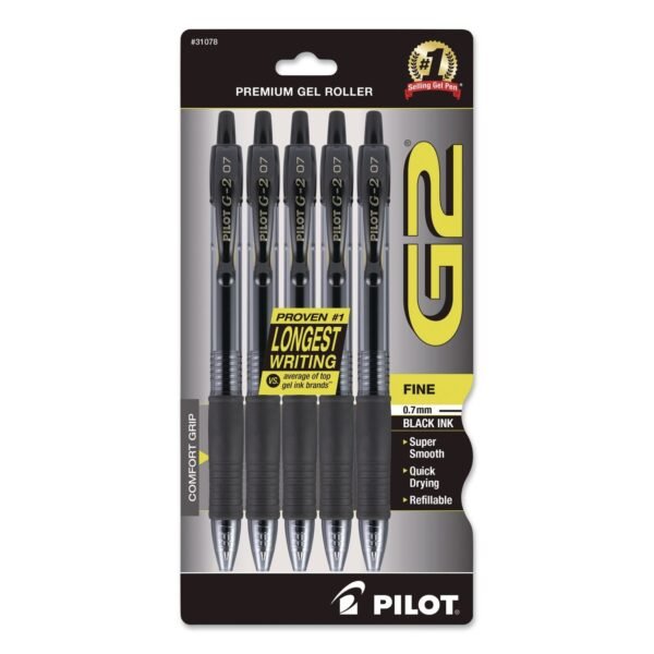 Pilot G2 Premium Gel Pen, Retractable, Fine 0.7 mm, Black Ink, Smoke/Black Barrel, 5/Pack (31078)