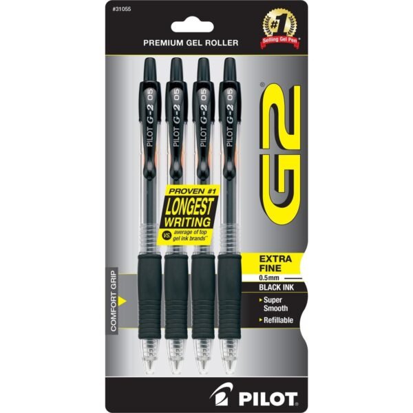 Pilot G2 Premium Gel Roller Pens 0.5 mm Pen Point - Refillable - Retractable - Black Ink - Gel-based - 4 / Pack (31055)