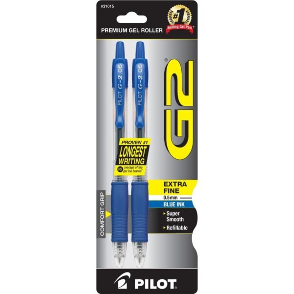 Pilot G2 Retractable Gel Ink Rollerball Pens 0.5 mm Fine Pen Point - Refillable - Retractable - Blue Ink - Gel-based - 2 / Pack (31015)