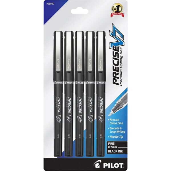 Pilot Precise V7 Fine Premium Capped Rolling Ball Pens 0.7 mm Fine Pen Point - Black Ink - Black Barrel - 5 / Pack (26020)