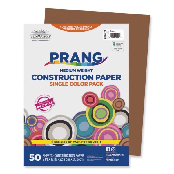 Prang SunWorks Construction Paper, 58 lb Text Weight, 9 x 12, Brown, 50/Pack (6703)