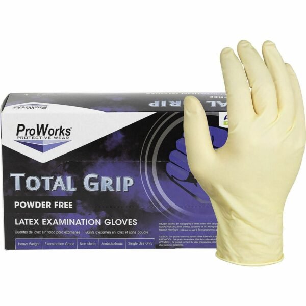 ProWorks Total Grip Latex Powder Free Exam Gloves 8 mil Thickness x 9.40" Glove Length - Large Size - For Right/Left Hand - Latex - Natural - Double Chlorinated, Non-sterile -...