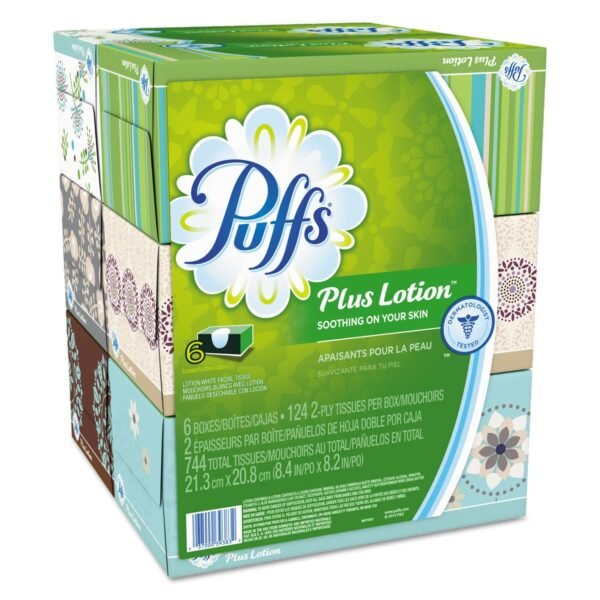 Puffs Plus Lotion Facial Tissue, 2-Ply, White, 124 Sheets/Box, 6 Boxes/Pack, 4 Packs/Carton (39383)