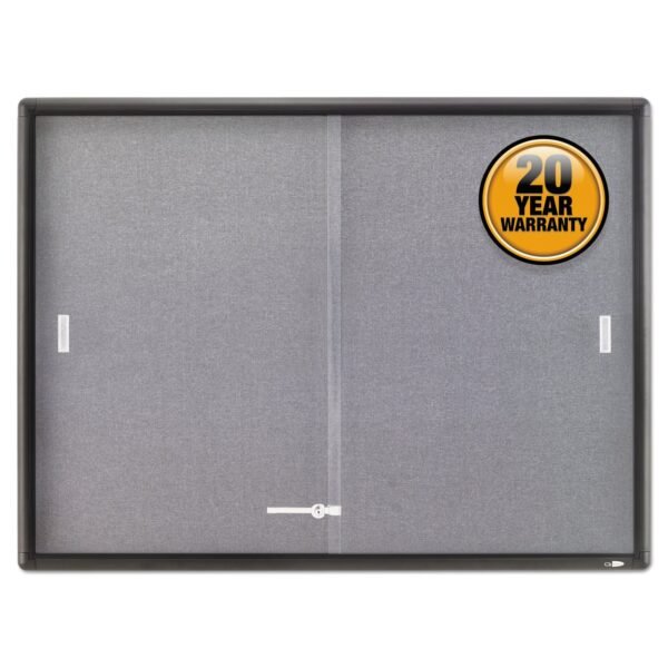 Quartet Enclosed Indoor Cork and Gray Fabric Bulletin Board with Two Sliding Glass Doors, 48 x 36, Graphite Gray Aluminum Frame (2364S)
