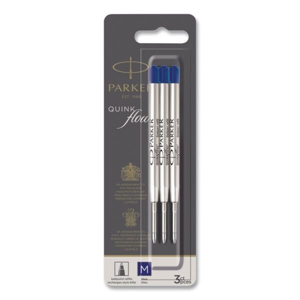 Quinkflow Refill for Parker Ballpoint Pen, Medium Conical Tip, Blue Ink, 3/Pack (2119152)
