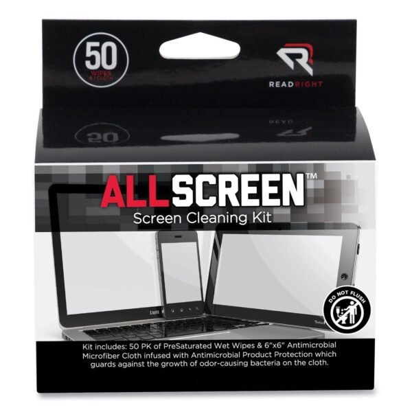 Read Right AllScreen Cleaning Kit with (1) 6 x 6 Microfiber Cloth, (50) 4 x 5 Individually Wrapped Pre-Saturated Wipes, Unscented, White (RR15039)