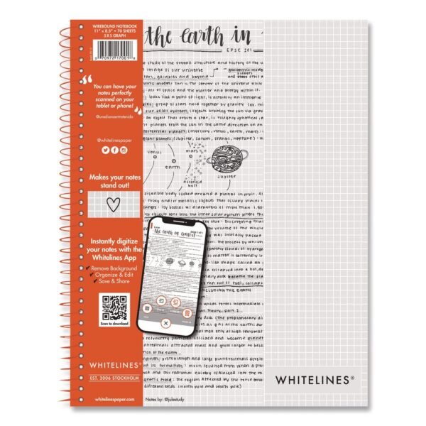 Roaring Spring Whitelines Notebook, Quadrille Rule (5 sq/in), Gray/Orange Cover, (70) 11 x 8.5 Sheets (17001)
