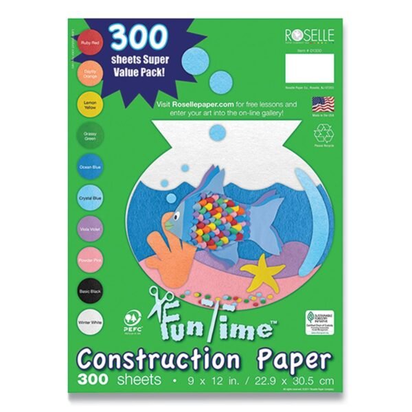 Roselle Vibrant Art Heavyweight Construction Paper, 76 lb Text Weight, 9 x 12, Assorted Colors, 300/Pack (CON01300)