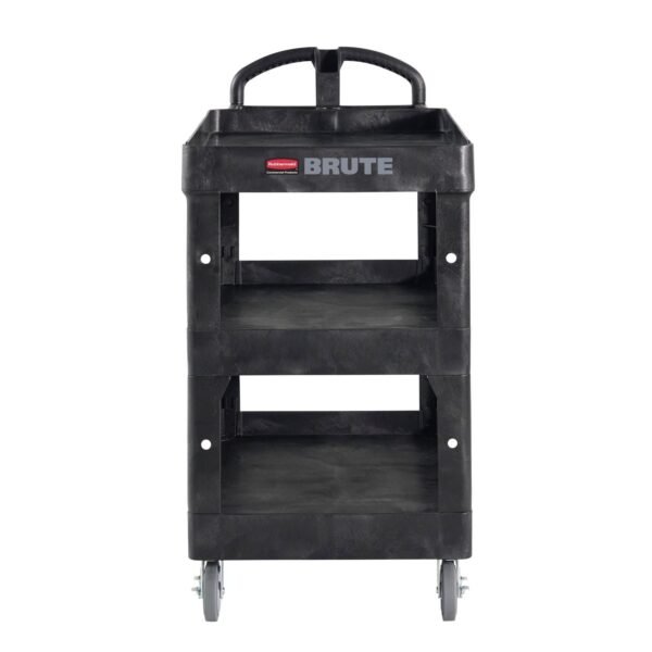 Rubbermaid Commercial BRUTE 3-Shelf Heavy-Duty Ergo Lipped Utility Cart, Resin, 3 Shelves, 600 lb Capacity, 25.24" x 44" x 47", Black (2196862)