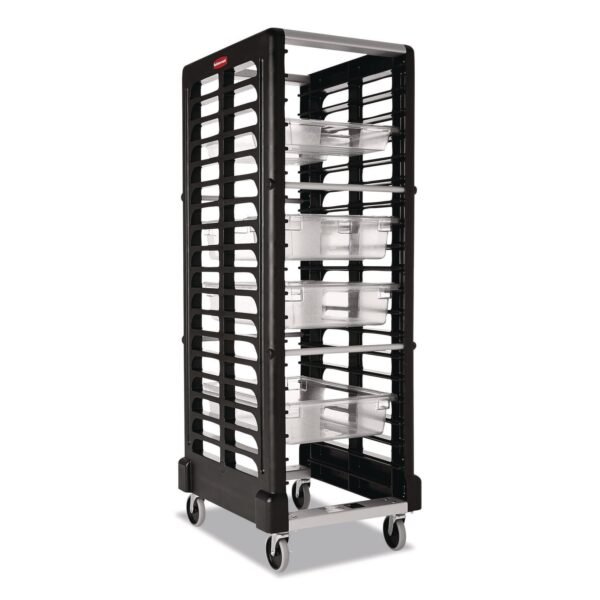 Rubbermaid Commercial End Loader Rack for Food Boxes and Sheet Pans, 18 Rack, Plastic, 23.75" x 28.75" x 67.88", Black (FG332000BLA)
