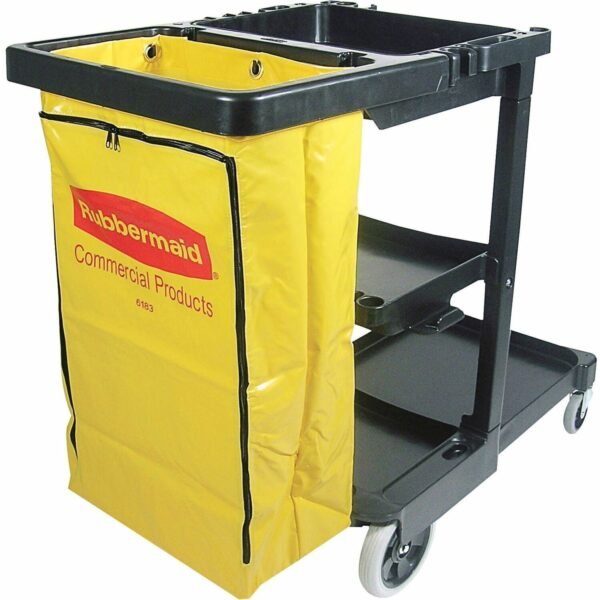 Rubbermaid Commercial Janitor Cart With Zipper Yellow Vinyl Bag 3 Shelf - 4" , 8" Caster Size - 21.75" Width x 46" Depth x 38.38" Height - Black - 1 Each (617388)