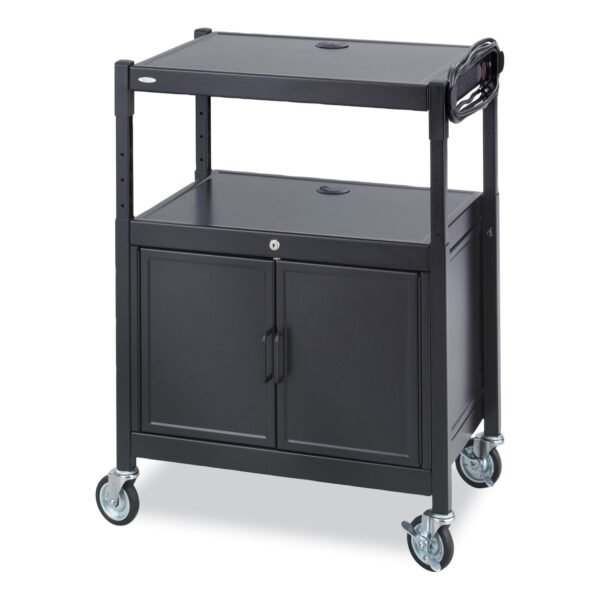 Safco Steel Adjustable AV Cart with Cabinet, Metal, 3 Shelf, 6 AC Outlets, 40 lb Capacity, 26.75 x 20.5 x 42, Black (8943BL)