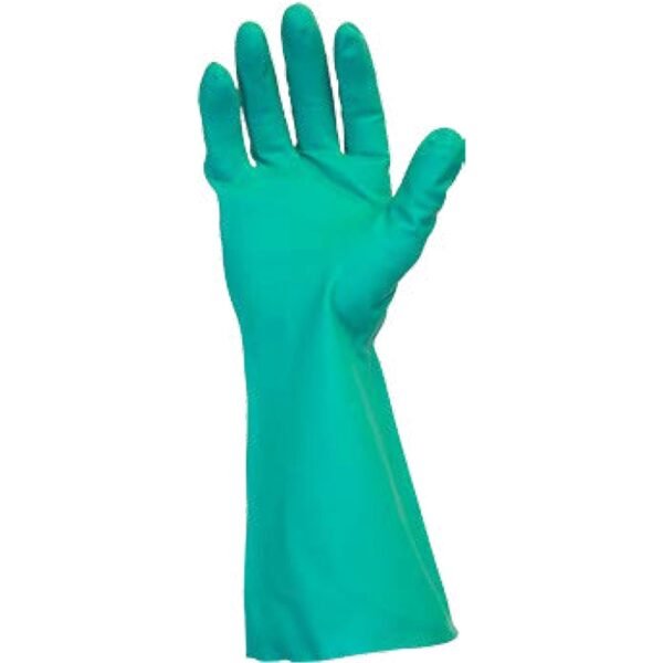 Safety Zone Green Flock Lined Nitrile Gloves 15 mil Thickness x 13" Glove Length - Chemical Protection - Small Size - Green - Raised Diamond Grip - For Dishwashing, Cleaning,...