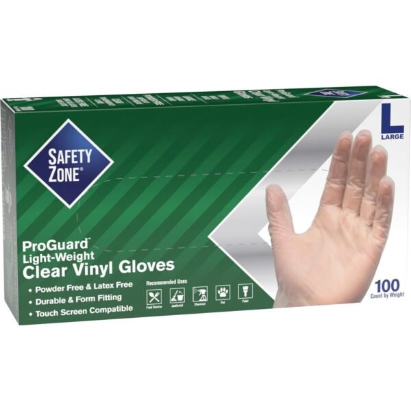 Safety Zone Powder Free Clear Vinyl Gloves 9.25" Glove Length - Large Size - Clear - Latex-free, DEHP-free, DINP-free, PFAS-free, Comfortable, Silicone-free - For Janitorial...