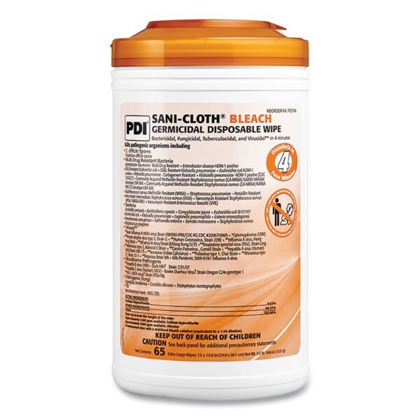 Sani-Cloth Bleach Germicidal Disposable Wipes, 1-Ply, 7.5 x 15, Unscented, White, 65/Pack (P25784)