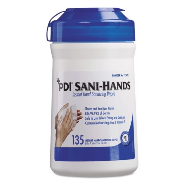 Sani-Hands ALC Instant Hand Sanitizing Wipes, 1-Ply, 7.5 x 6, White, 135/Canister, 12 Canisters/Carton (P13472)